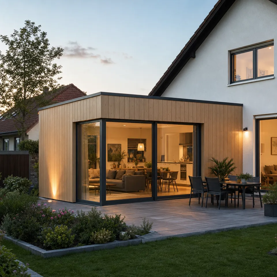 Anbau Fertighaus Kosten 2026 — moderner Holz-Anbau mit Glasfront am Bestandshaus Anbau Fertighaus Kosten 2026 — moderner Holz-Anbau mit Glasfront am Bestandshaus