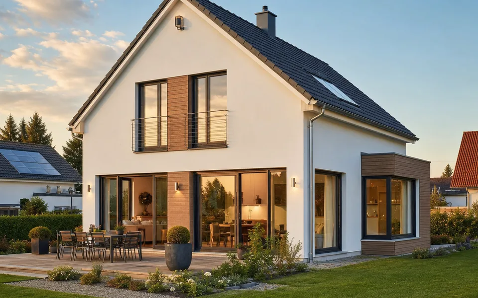 Einfamilienhaus Fertighaus 2026 mit Satteldach und Garten Einfamilienhaus Fertighaus 2026 mit Satteldach und Garten
