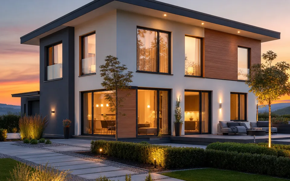 Fertighaus schlüsselfertig 2026 — modernes, exklusives schlüsselfertiges Fertighaus mit Glasfront am Abend Fertighaus schlüsselfertig 2026 — modernes, exklusives schlüsselfertiges Fertighaus mit Glasfront am Abend