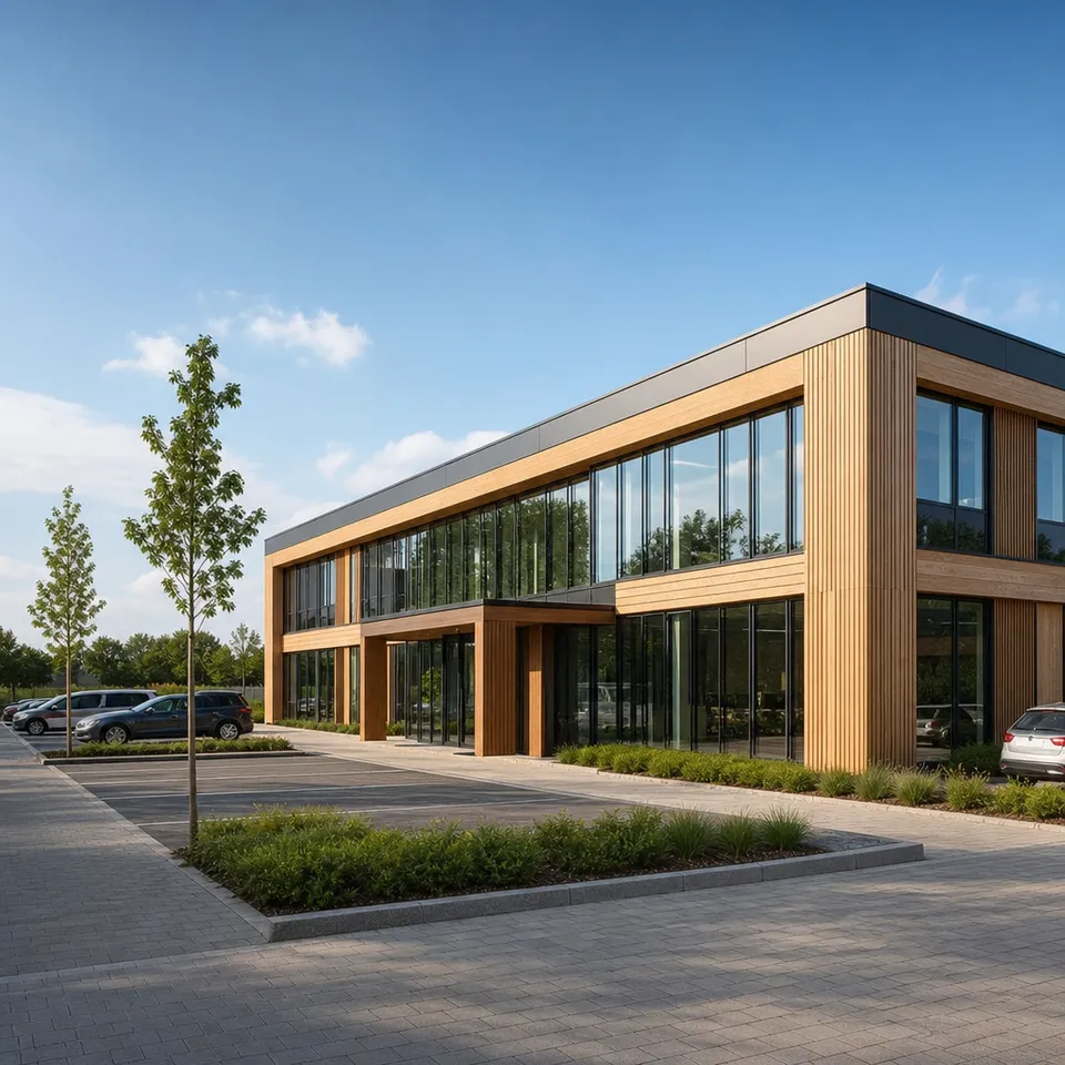 Gewerbe Fertigbau Preise 2026 — modernes Bürogebäude in Holz-Hybrid-Fertigbauweise Gewerbe Fertigbau Preise 2026 — modernes Bürogebäude in Holz-Hybrid-Fertigbauweise