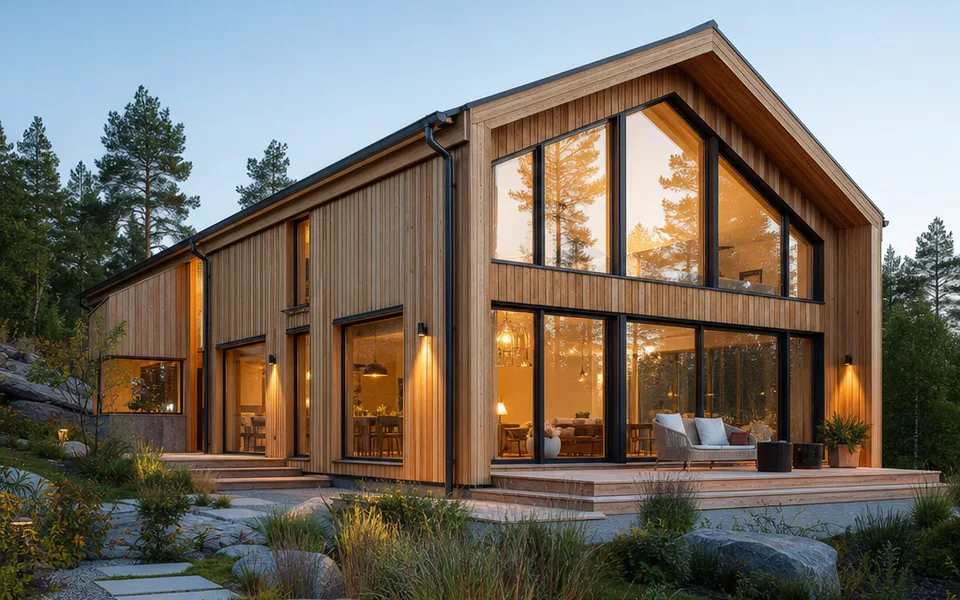 Holzhaus Fertighaus Kosten 2026 — modernes, exklusives Holzhaus im skandinavischen Stil mit heller Holzfassade am Abend Holzhaus Fertighaus Kosten 2026 — modernes, exklusives Holzhaus im skandinavischen Stil mit heller Holzfassade am Abend