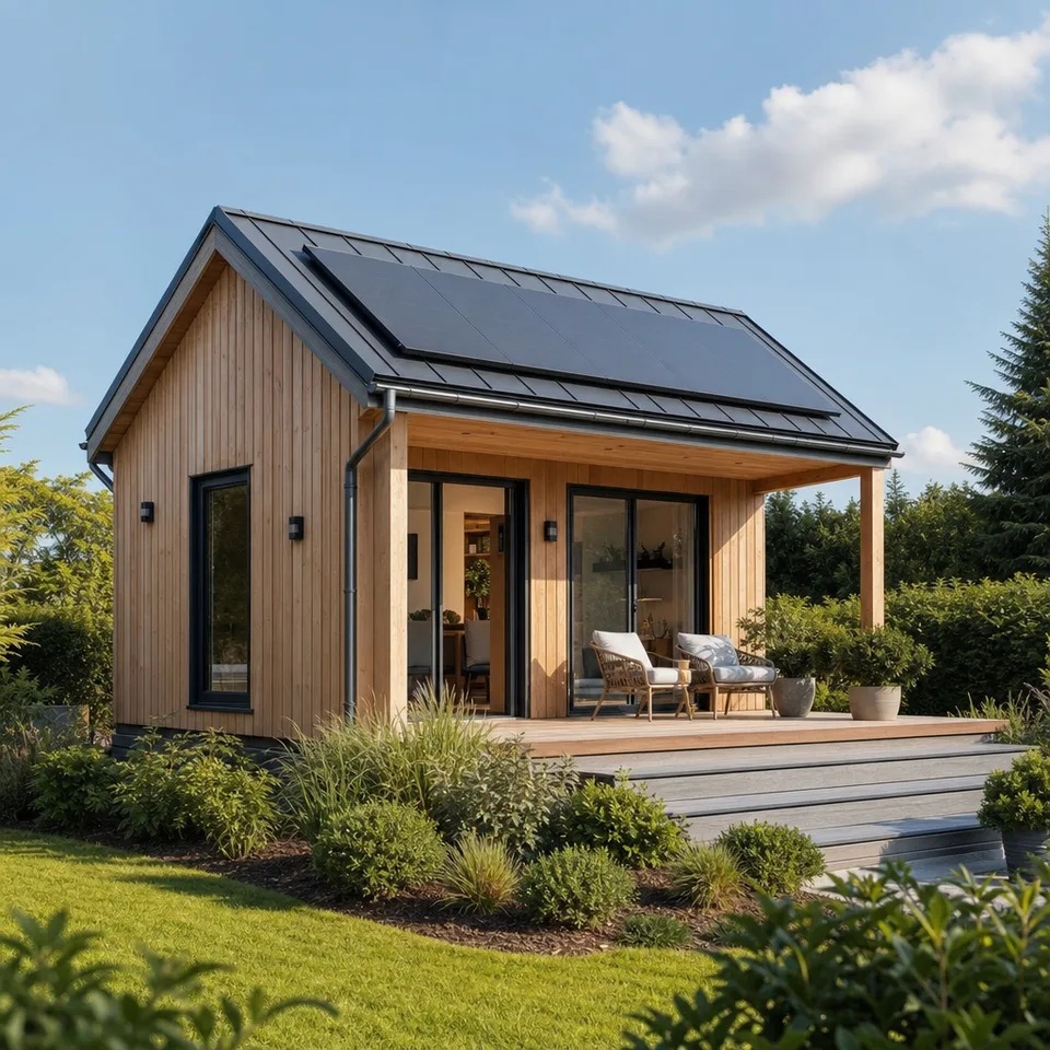 Tiny House Kosten 2026 — modernes Minihaus mit Holzfassade und Terrasse Tiny House Kosten 2026 — modernes Minihaus mit Holzfassade und Terrasse