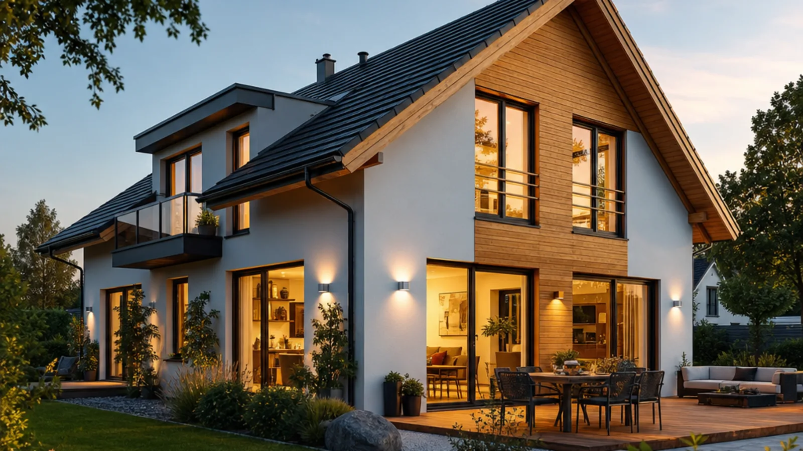 Fertighaus Anbieter im Vergleich: modernes Haus mit Holzfassade und bodentiefen Fenstern Neu gebautes Fertighaus mehrerer Anbieter mit heller Holzfassade und bodentiefen Fenstern am grünen Ortsrand