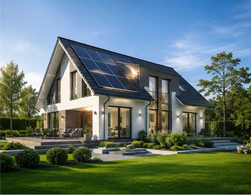 KfW-40-Fertighaus: förderfähig bauen mit geprüften Anbietern Modernes förderfähiges KfW-40-Fertighaus mit Satteldach, Photovoltaik und großem Garten in der Abendsonne